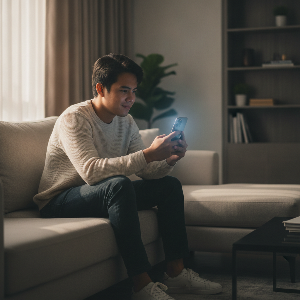 Filipino player learning to use online casino on smartphone at home